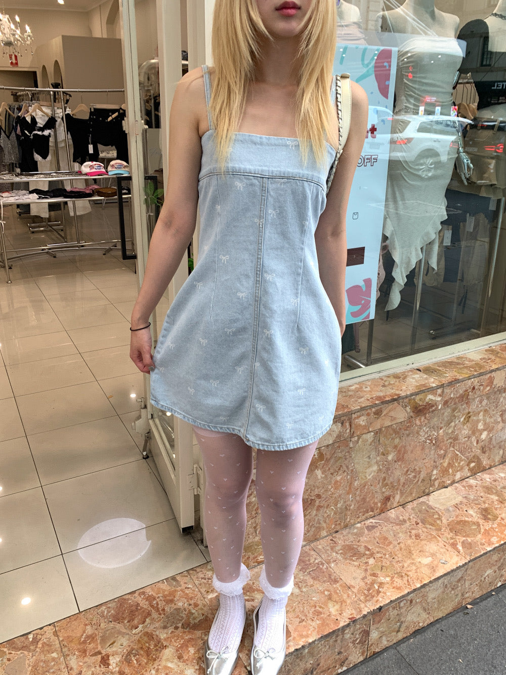 Ribbon denim mini dress