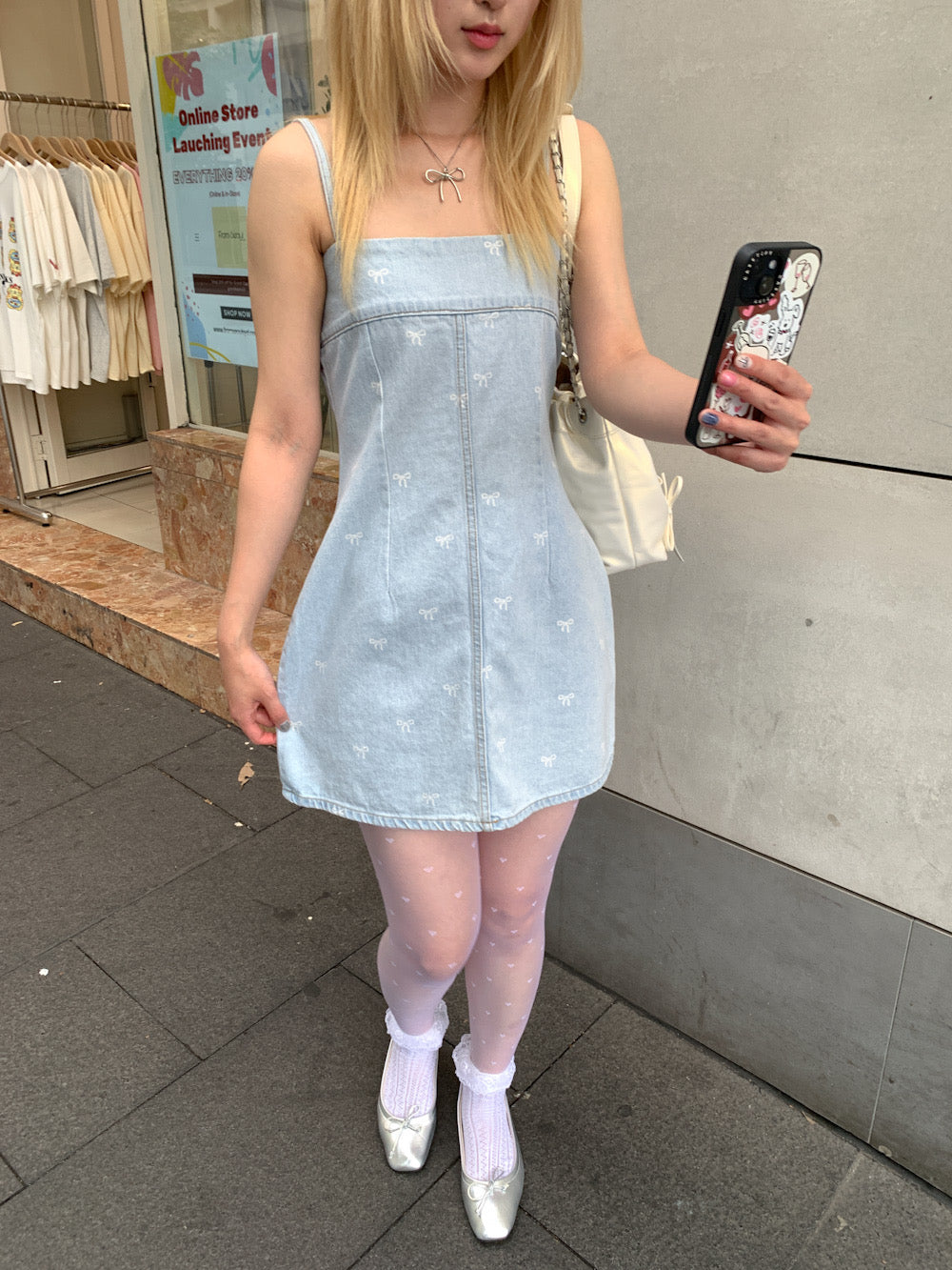 Ribbon denim mini dress