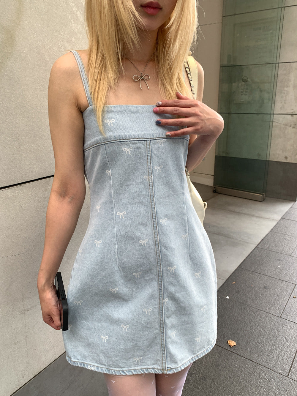 Ribbon denim mini dress