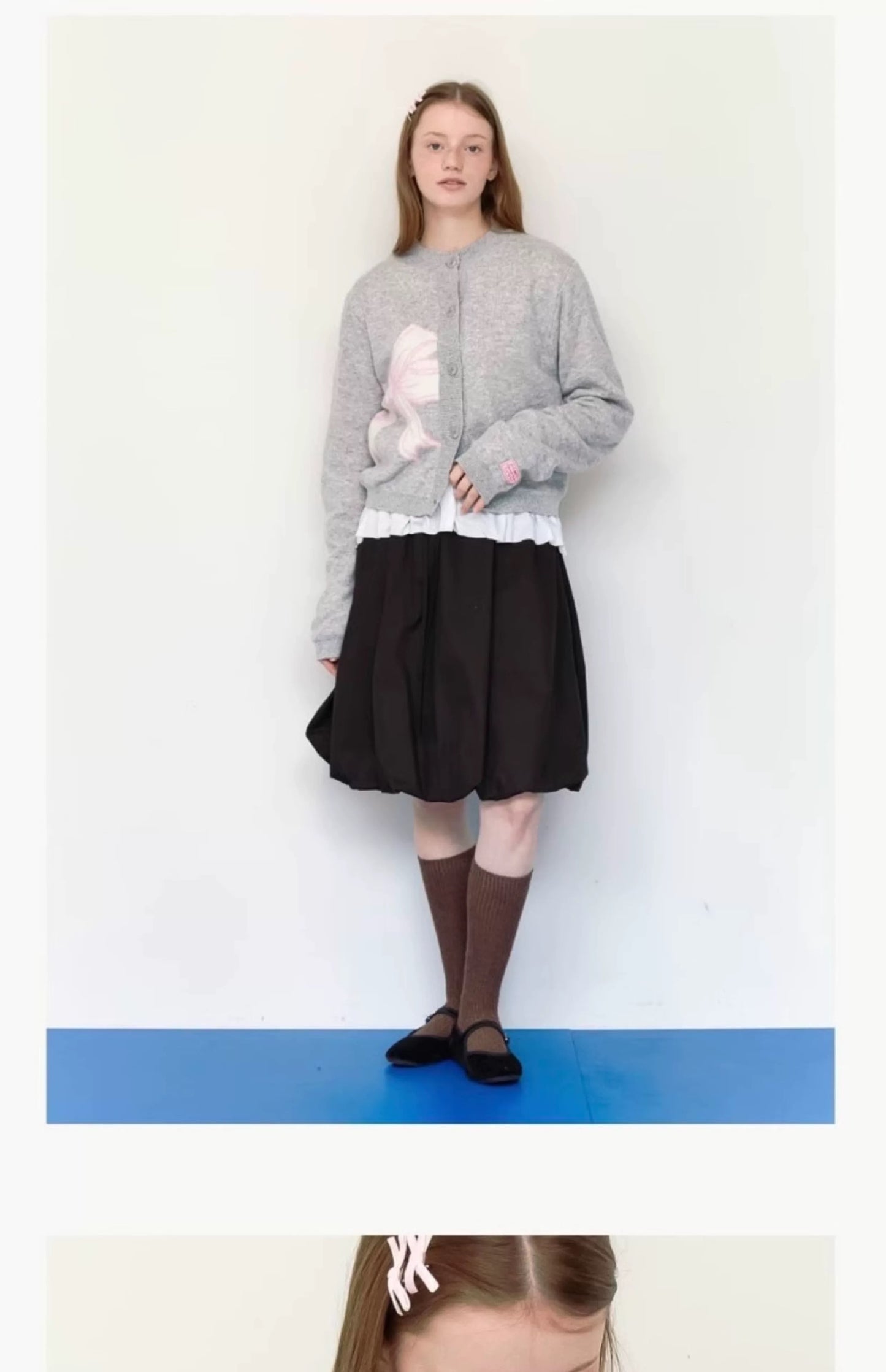 RONRON RIBBON KNIT CROPPED CARDIGAN GREY/BLACK