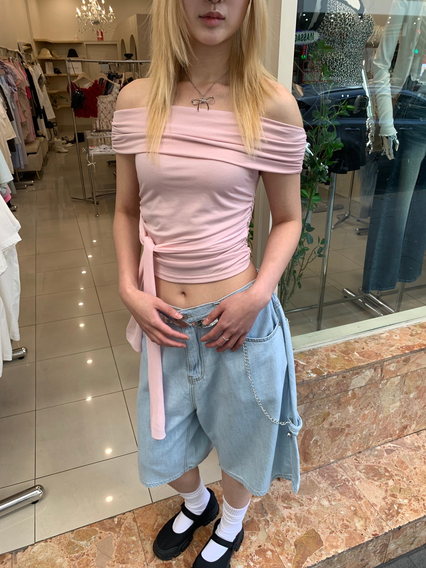 Mesh ribbon tie off shoulder top