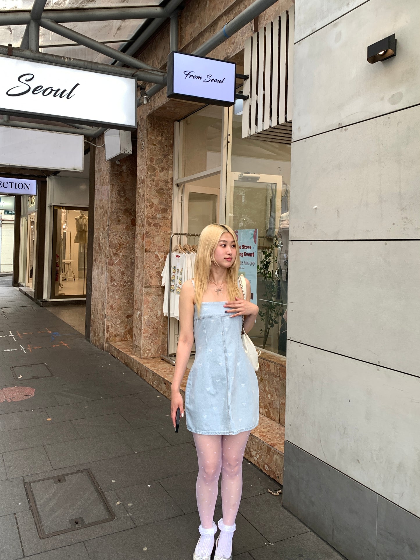 Ribbon denim mini dress
