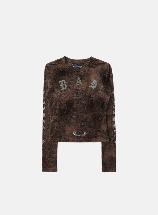 Mystic Rhinestone Logo Jersey Slim Long Sleeve -
Brown Leopard