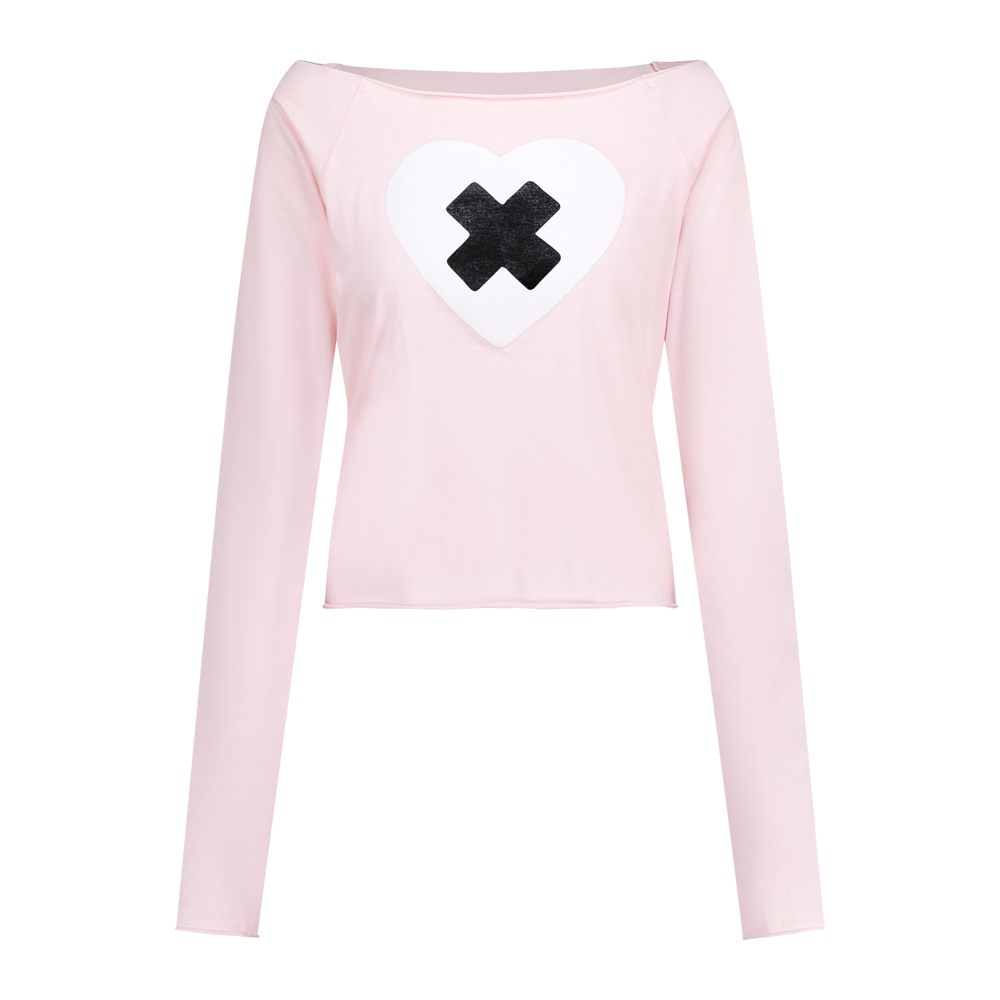 FAERIE CROSS HEART CUT OFF T SHIRT CREAM/PINK/BROWN [ILLIT WEARS]