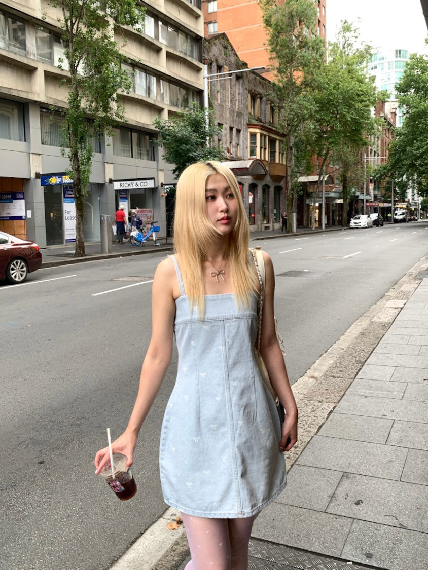 Ribbon denim mini dress
