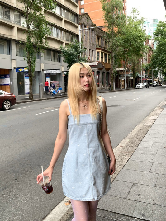 Ribbon denim mini dress