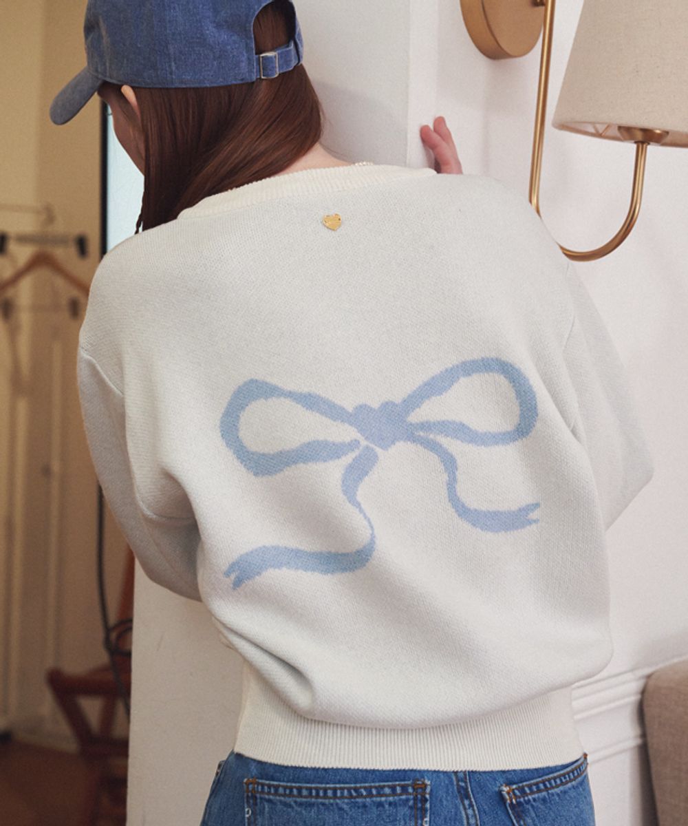 RONRON HEART RIBBON JACQUARD KNIT CARDIGAN BLUE/RED