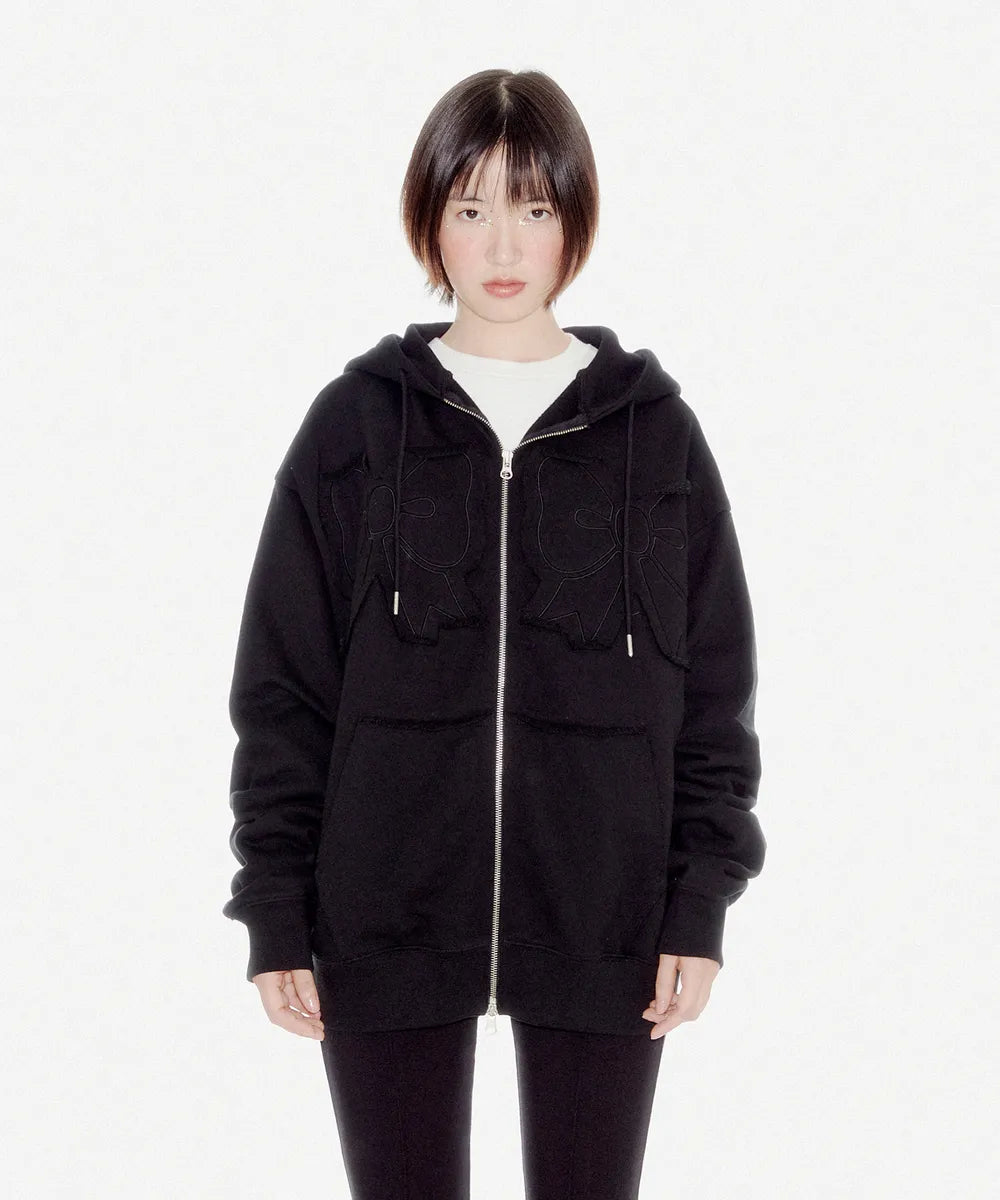 YOUHEE RIBBON HOOD ZIP-UP BLACK [JENNIE WEARS]