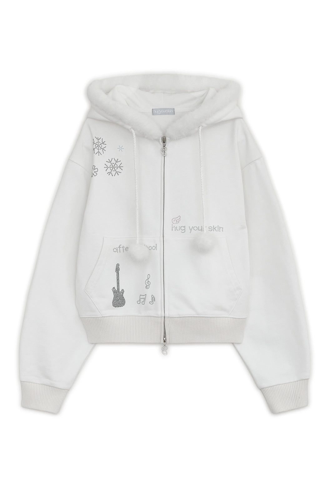 HUGYOURSKIN HOTFIX FUR HOODIE ZIP UP WHITE [HAEWON,YENA WEARS]