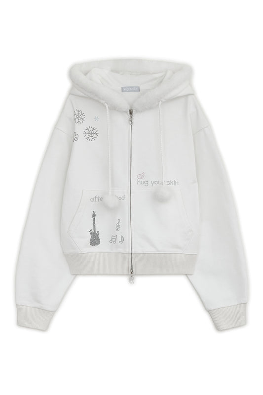 HUGYOURSKIN HOTFIX FUR HOODIE ZIP UP WHITE [HAEWON,YENA WEARS]