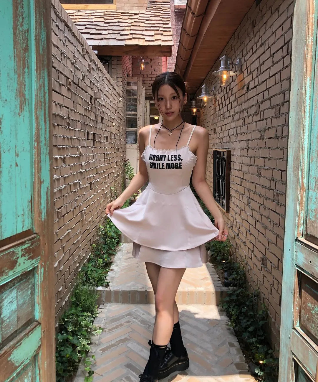 Youhee lettering satin flare mini dress