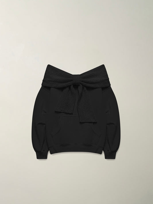 THETIS TWO-WAY RIBBON OFF SHOULDER HOODIE BLACK