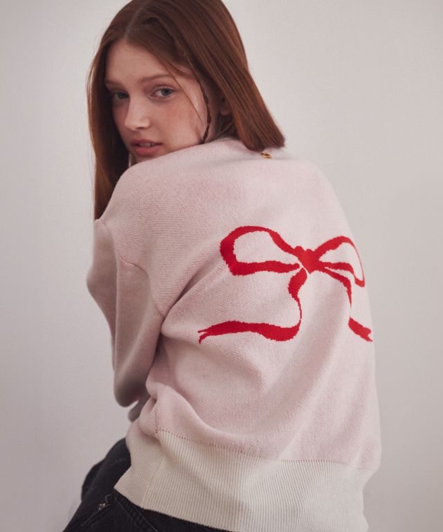RONRON HEART RIBBON JACQUARD KNIT CARDIGAN BLUE/RED