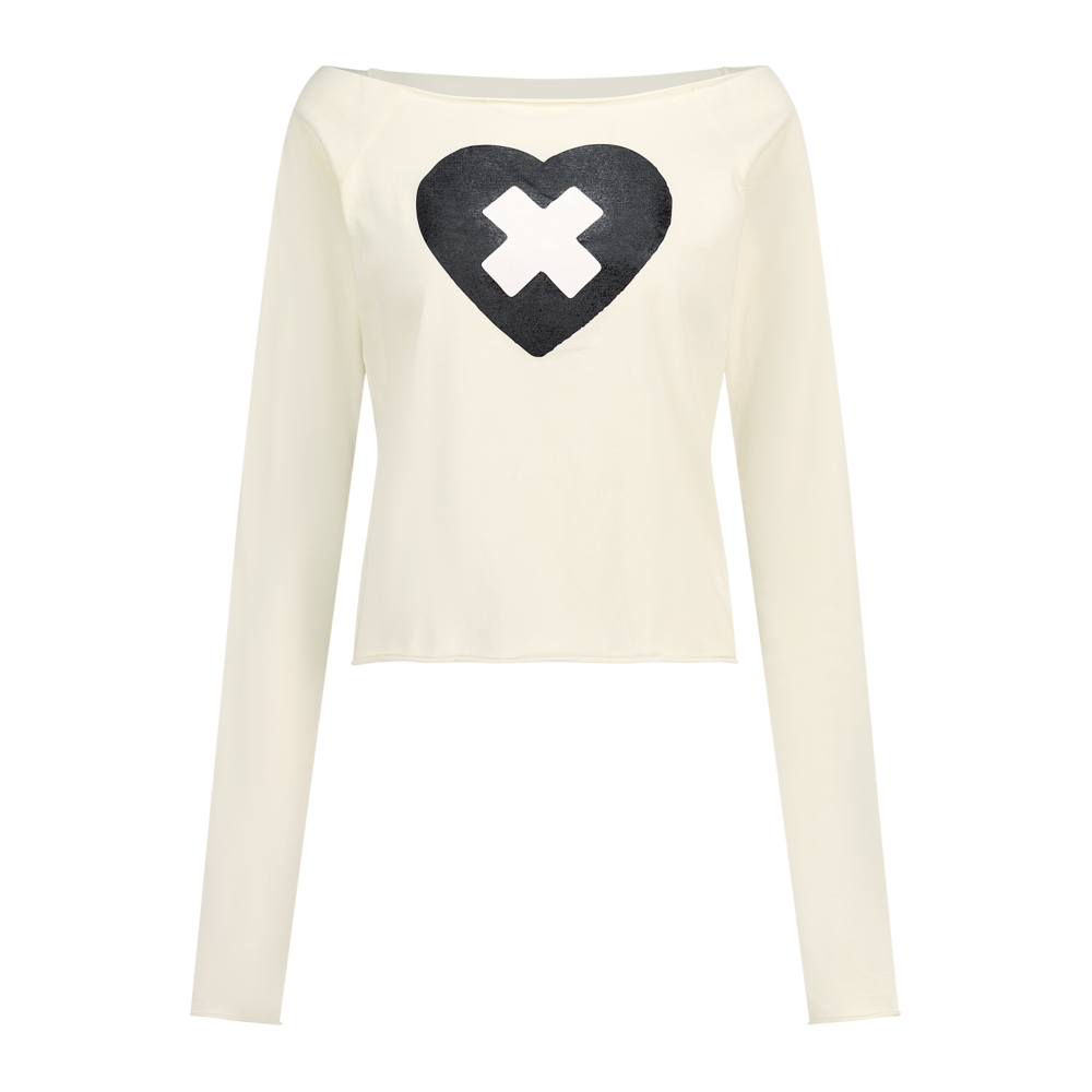 FAERIE CROSS HEART CUT OFF T SHIRT CREAM/PINK/BROWN [ILLIT WEARS]