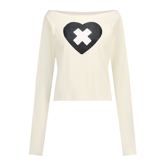 FAERIE CROSS HEART CUT OFF T SHIRT CREAM/PINK/BROWN [ILLIT WEARS]