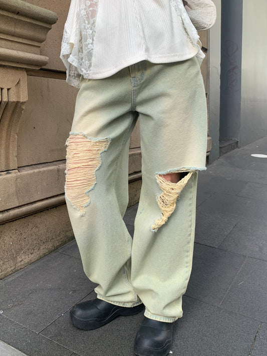 3630 Yellow ripped wide jeans