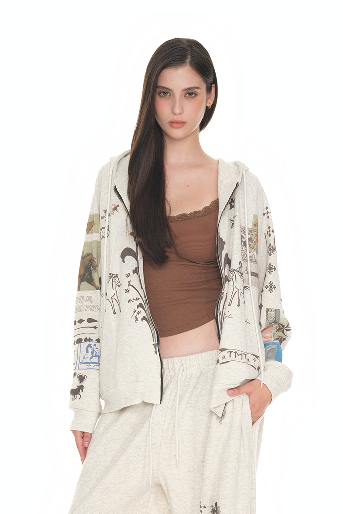 TOOMUCHTAX PRINTED WAFFLE ZIP UP IVORY [JENNIE WEARS]