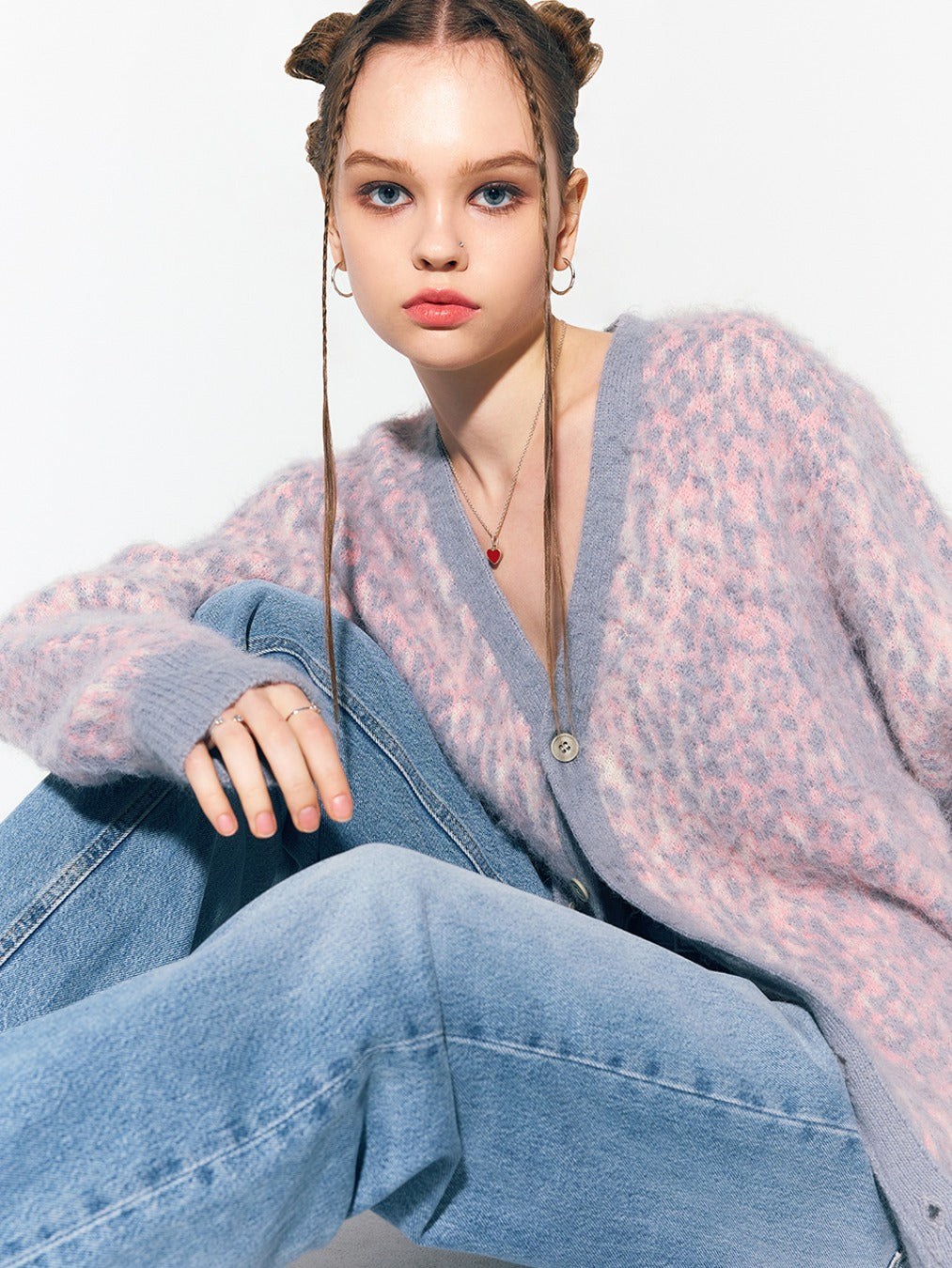 ASIFCALIE LEOPARD KNIT CARDIGAN PINK