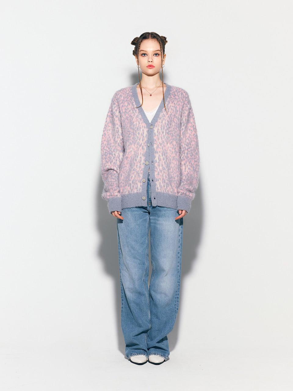 ASIFCALIE LEOPARD KNIT CARDIGAN PINK