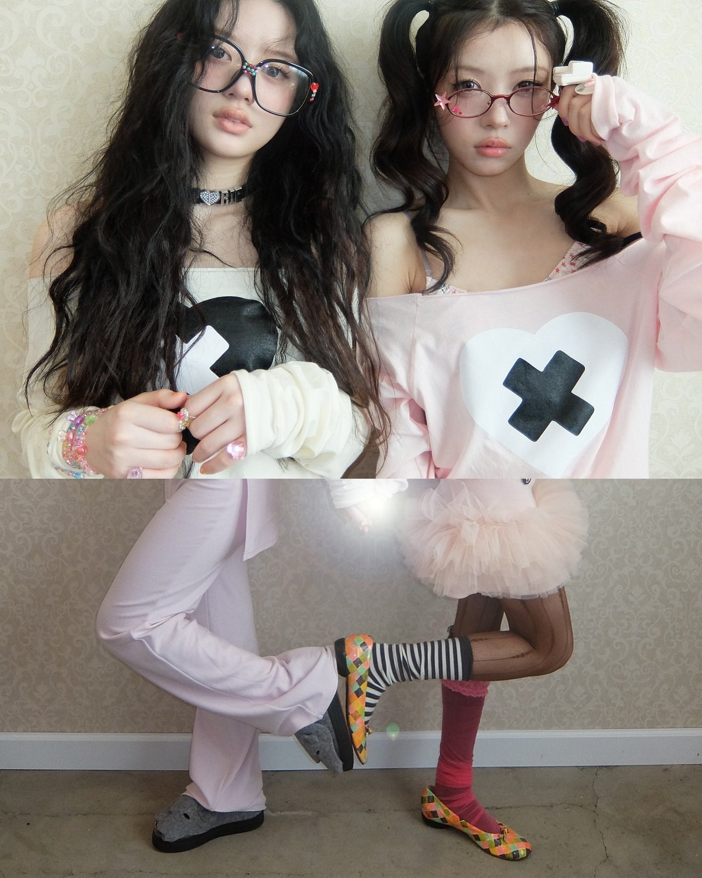 FAERIE CROSS HEART CUT OFF T SHIRT CREAM/PINK/BROWN [ILLIT WEARS]