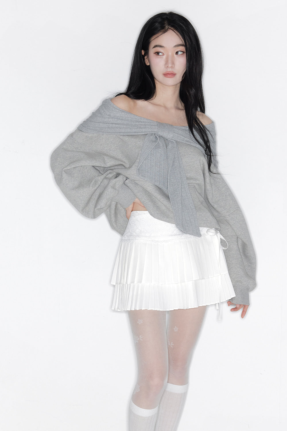 THETIS TWO-WAY RIBBON OFF SHOULDER HOODIE GREY