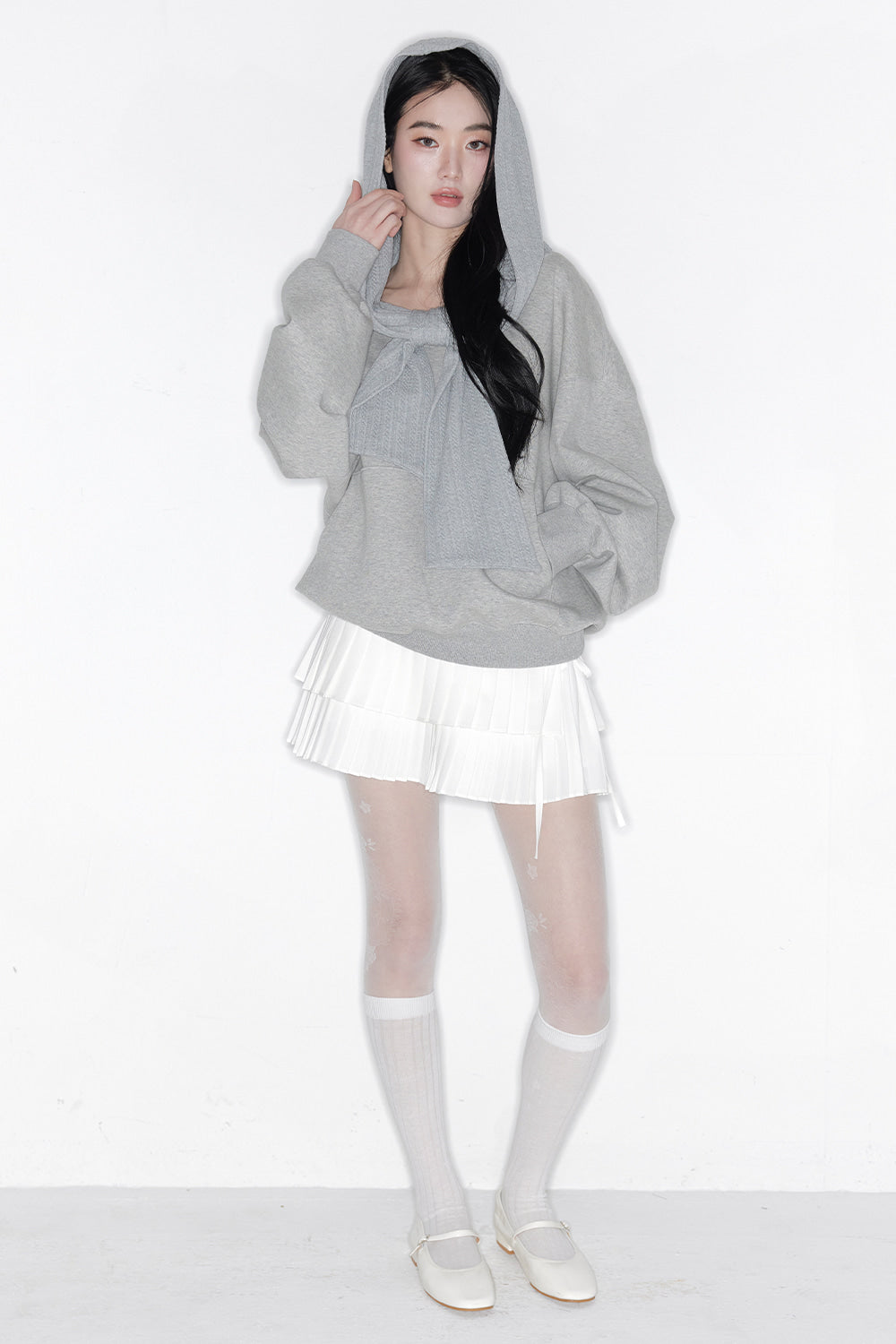 THETIS TWO-WAY RIBBON OFF SHOULDER HOODIE GREY