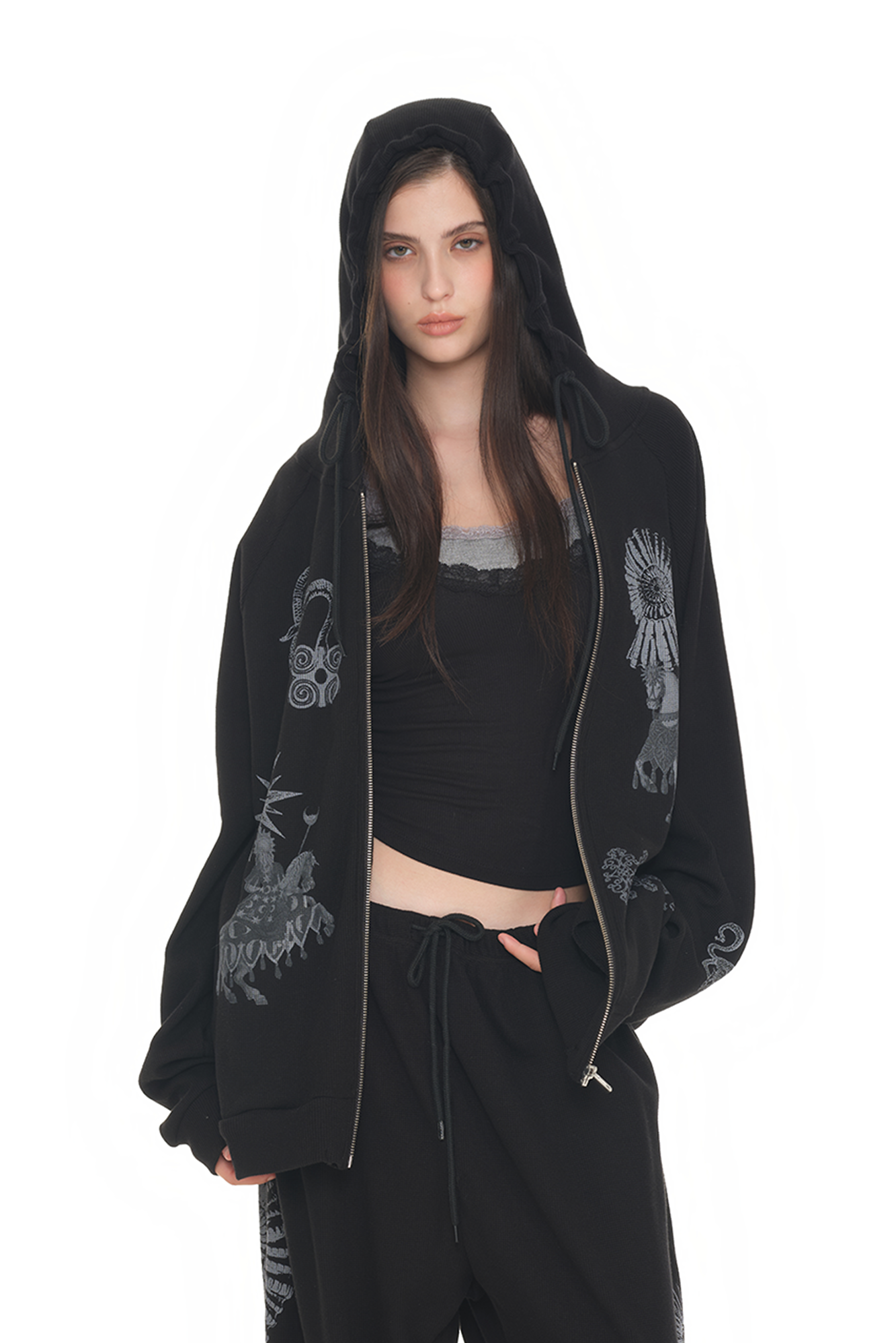 TOOMUCHTAX TAROT 02 WAFFLE ZIP-UP HOODIE BLACK