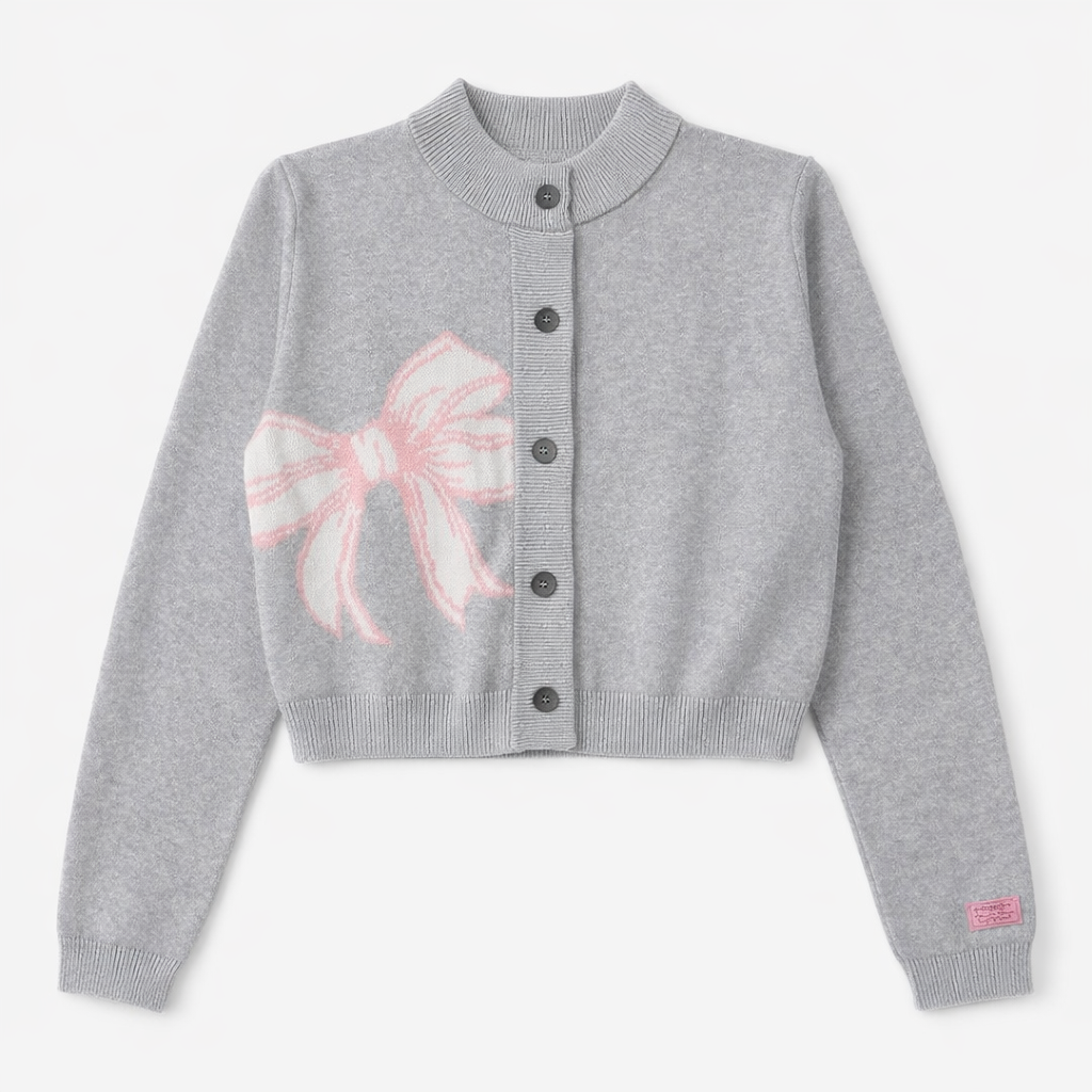 RONRON RIBBON KNIT CROPPED CARDIGAN GREY/BLACK