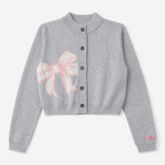 RONRON RIBBON KNIT CROPPED CARDIGAN GREY/BLACK