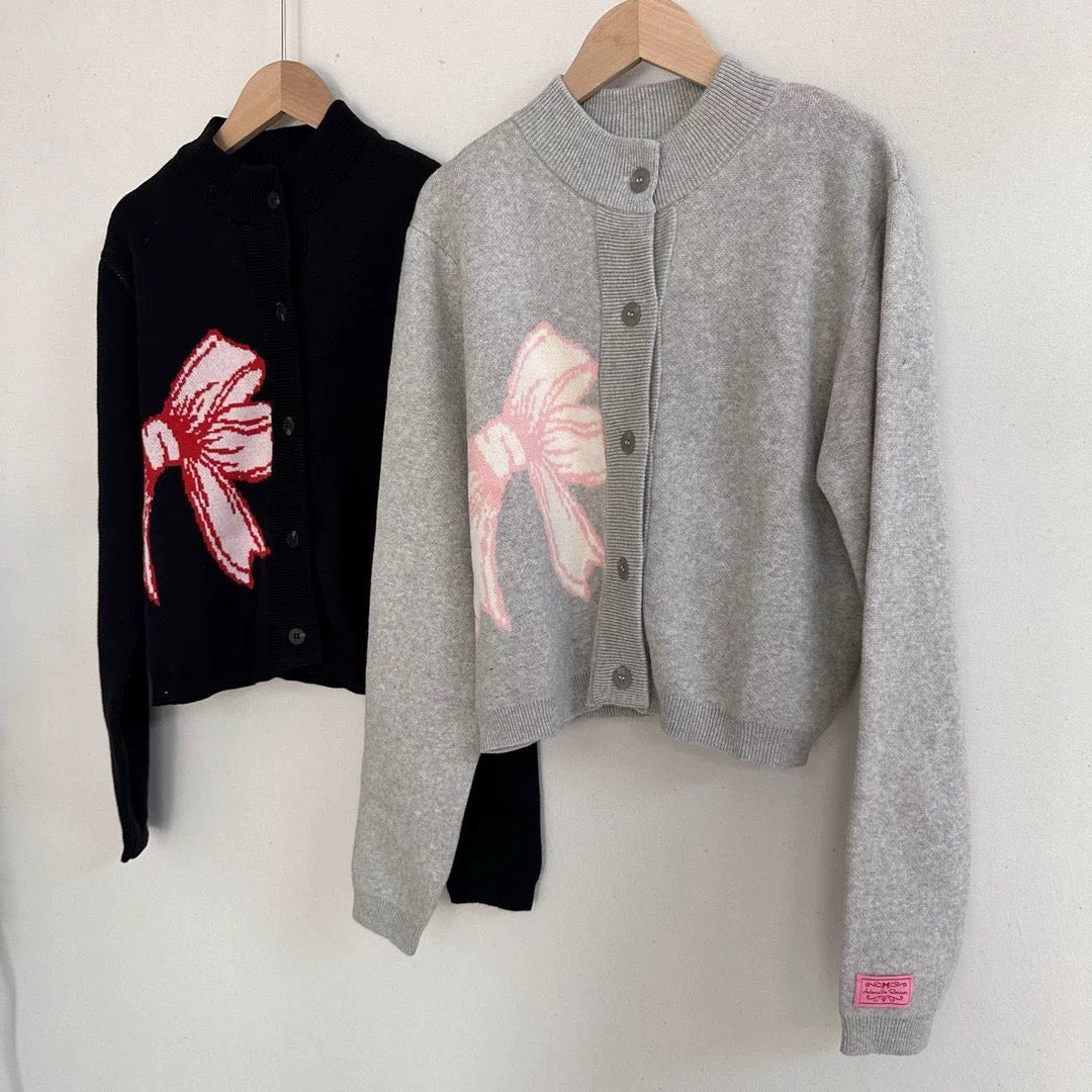RONRON RIBBON KNIT CROPPED CARDIGAN GREY/BLACK