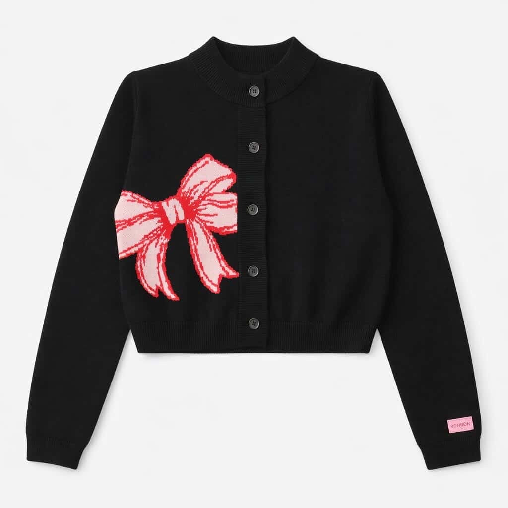 RONRON RIBBON KNIT CROPPED CARDIGAN GREY/BLACK