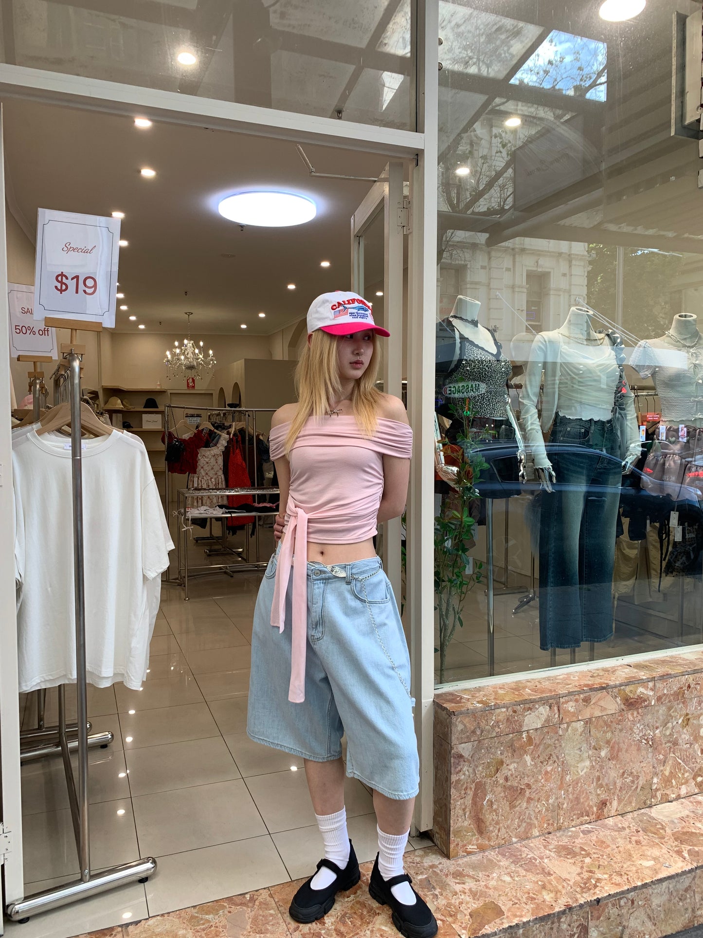 Mesh ribbon tie off shoulder top