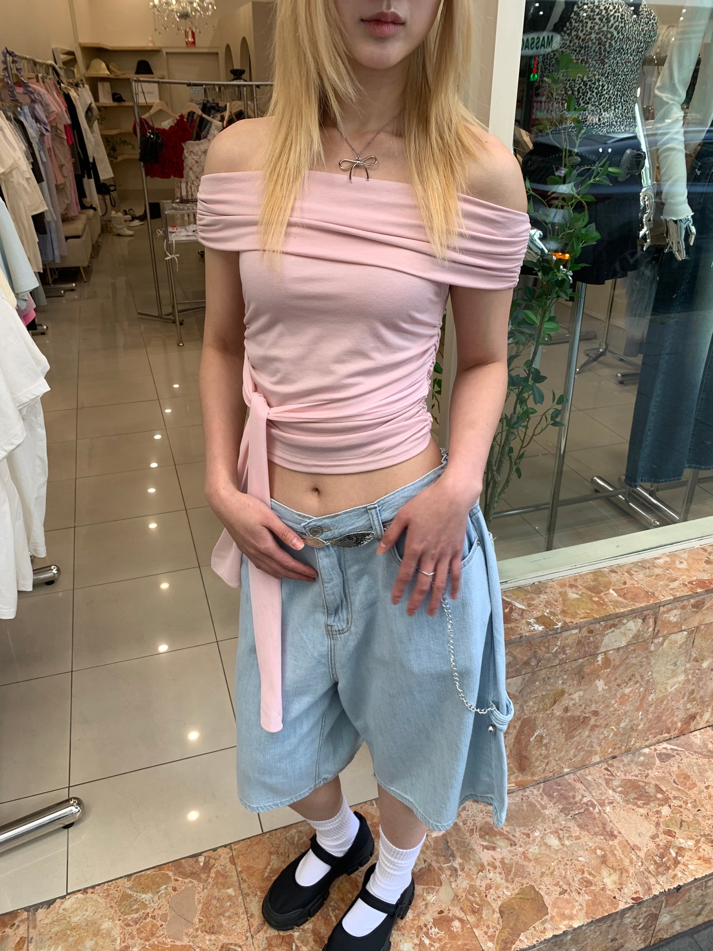 Mesh ribbon tie off shoulder top