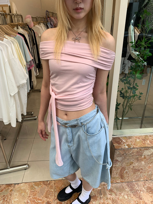 Mesh ribbon tie off shoulder top
