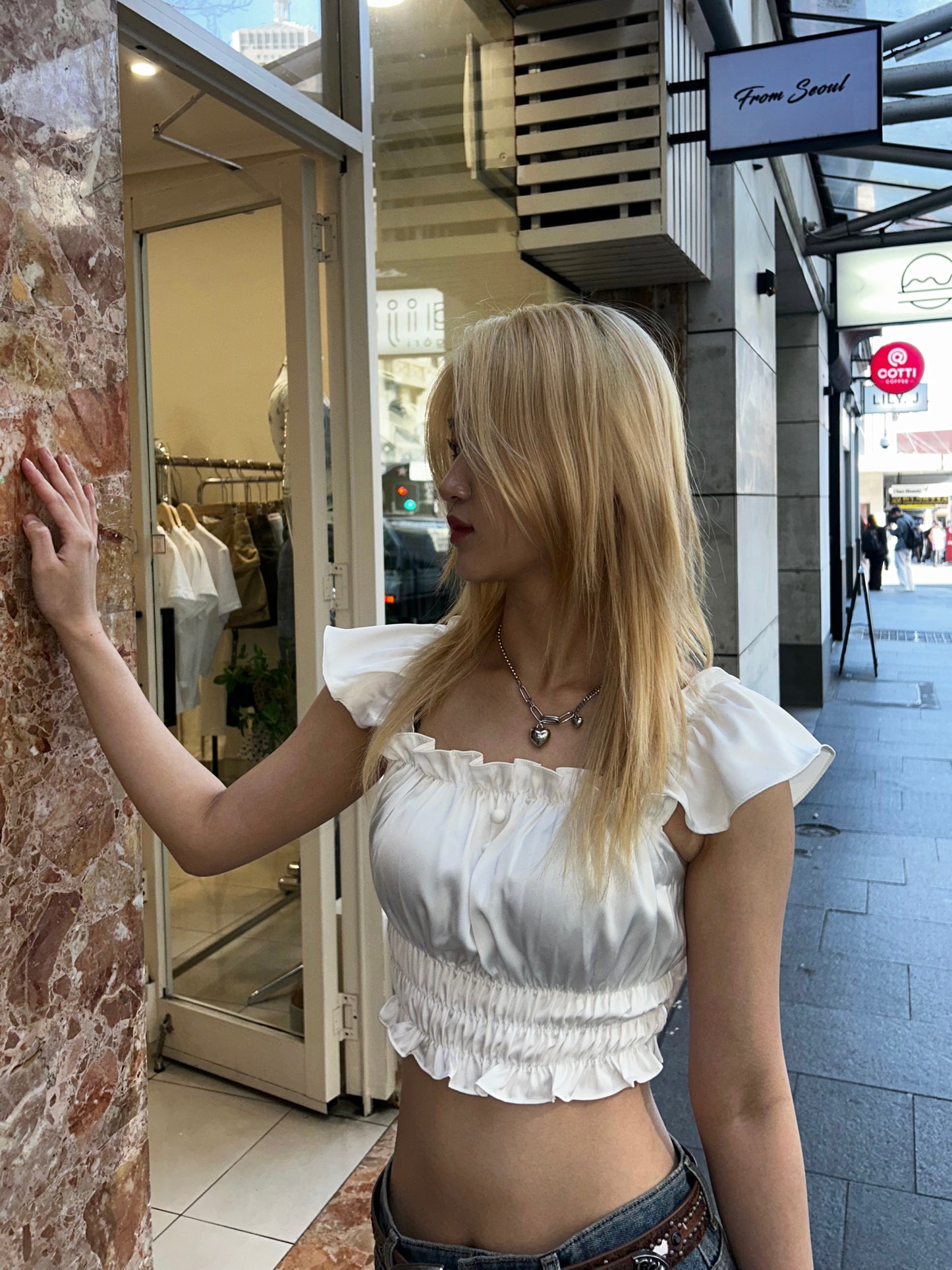 Satin cropped ruffle blouse