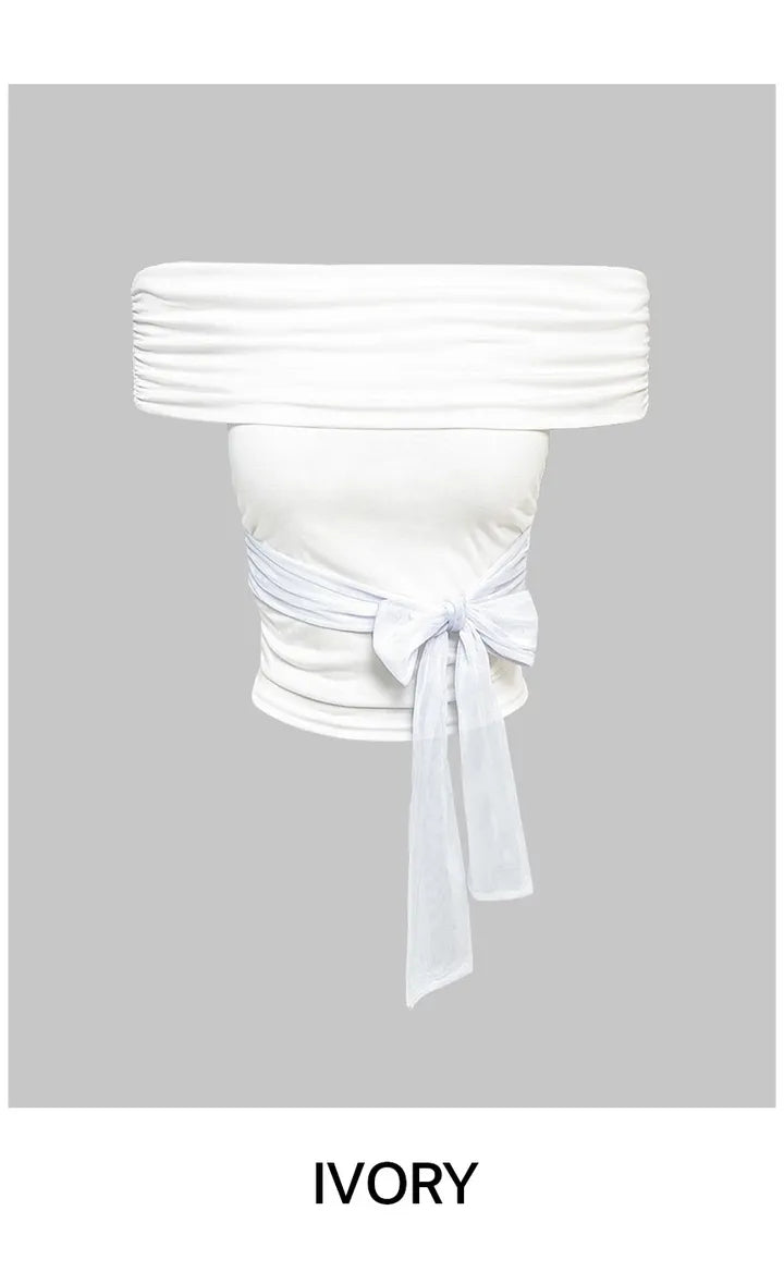 Mesh ribbon tie off shoulder top