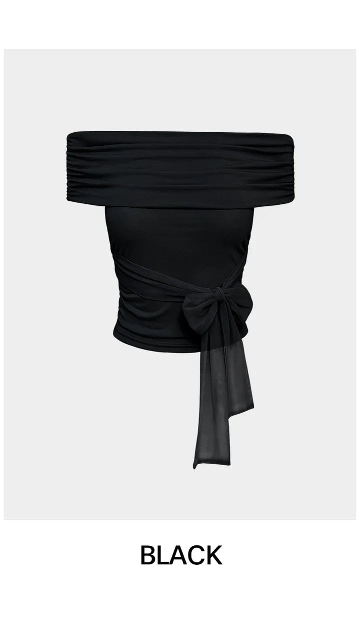 Mesh ribbon tie off shoulder top