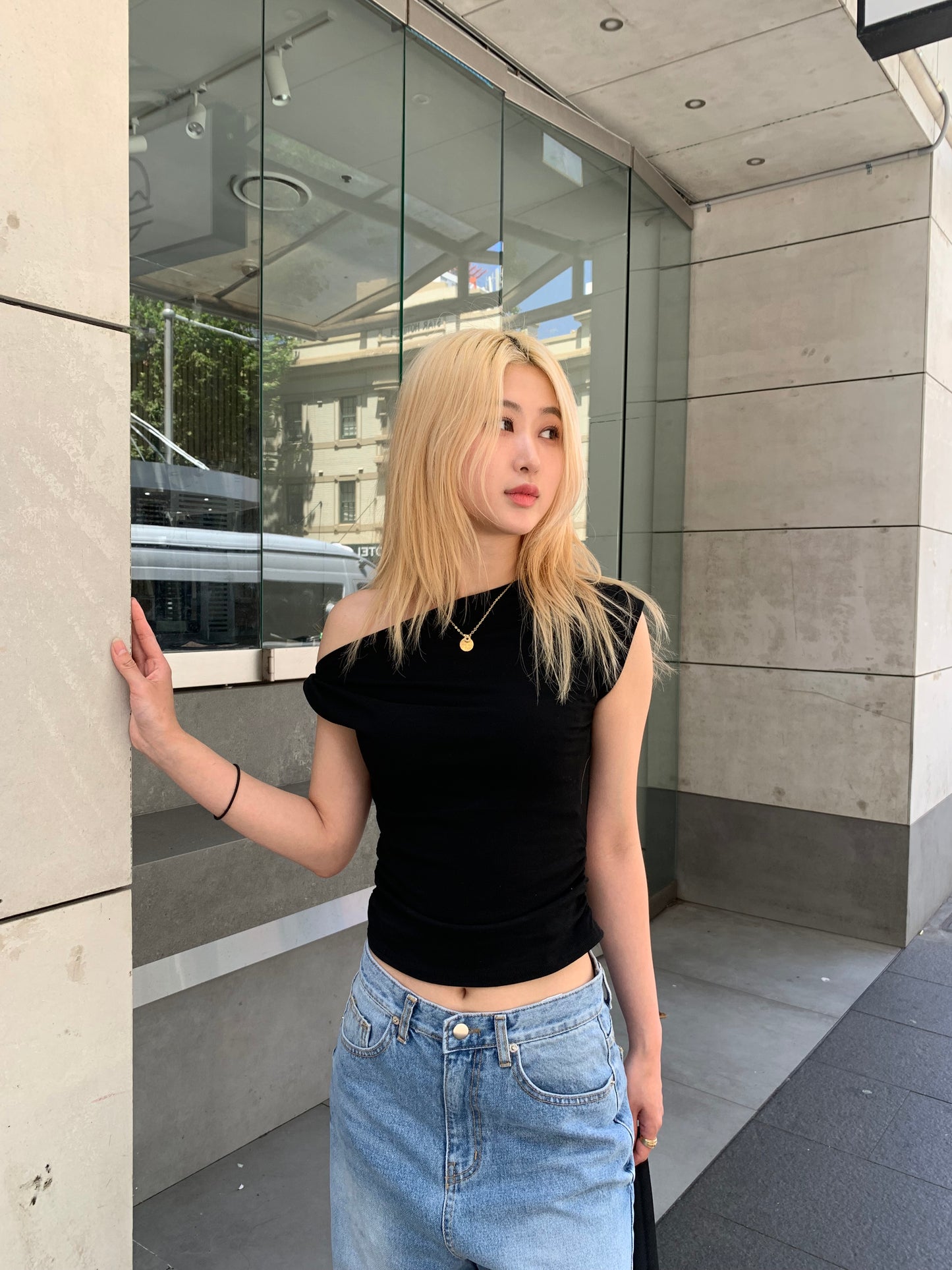 Asymmetrical neck top