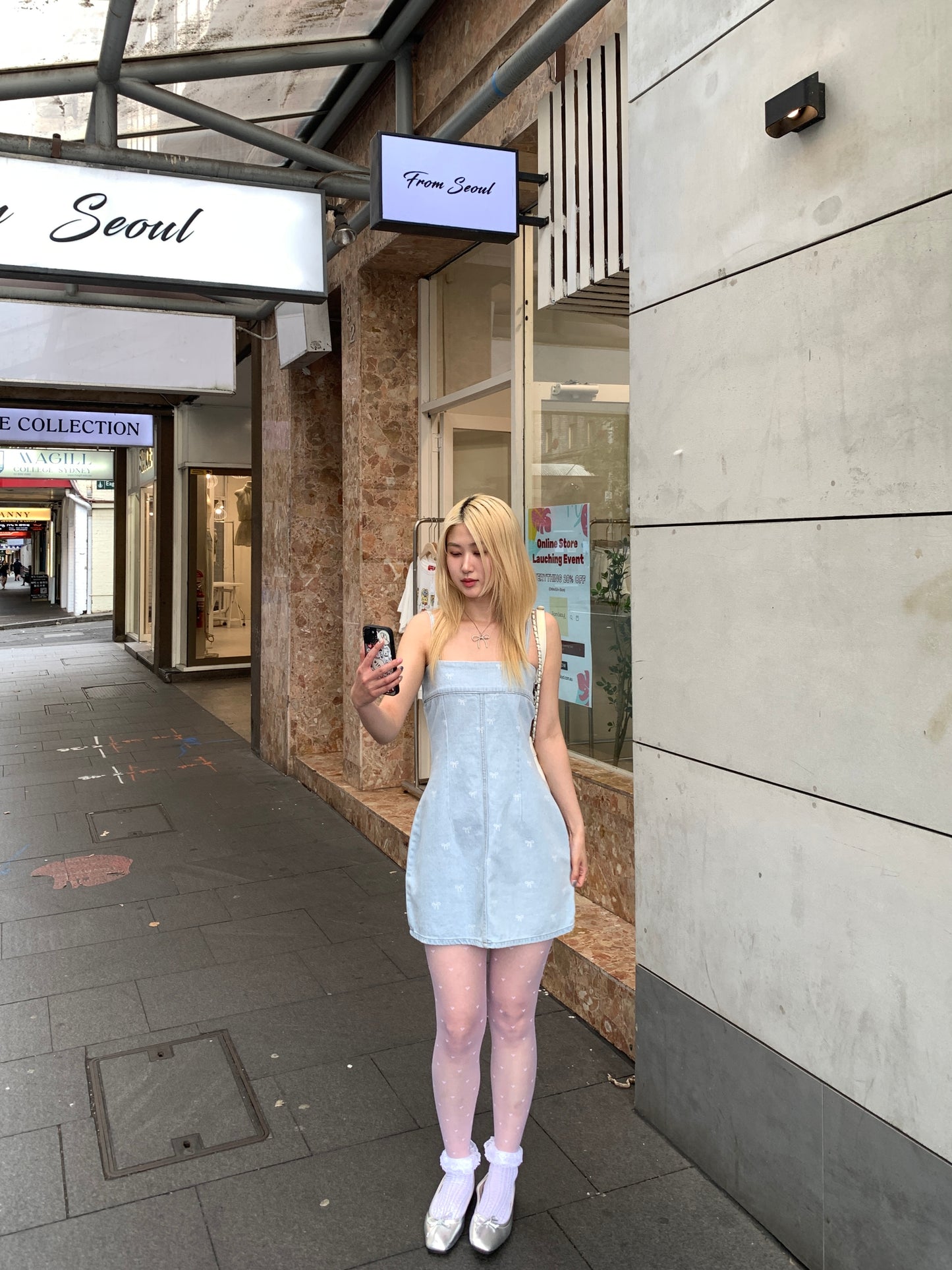 Ribbon denim mini dress