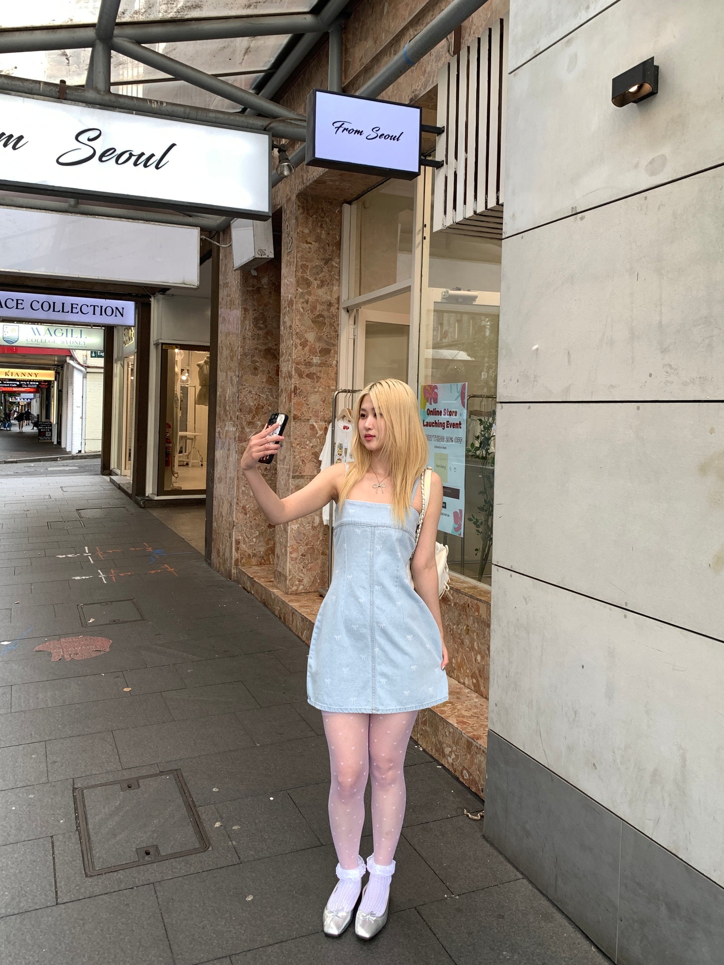 Ribbon denim mini dress