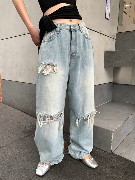Lace ripped jeans
