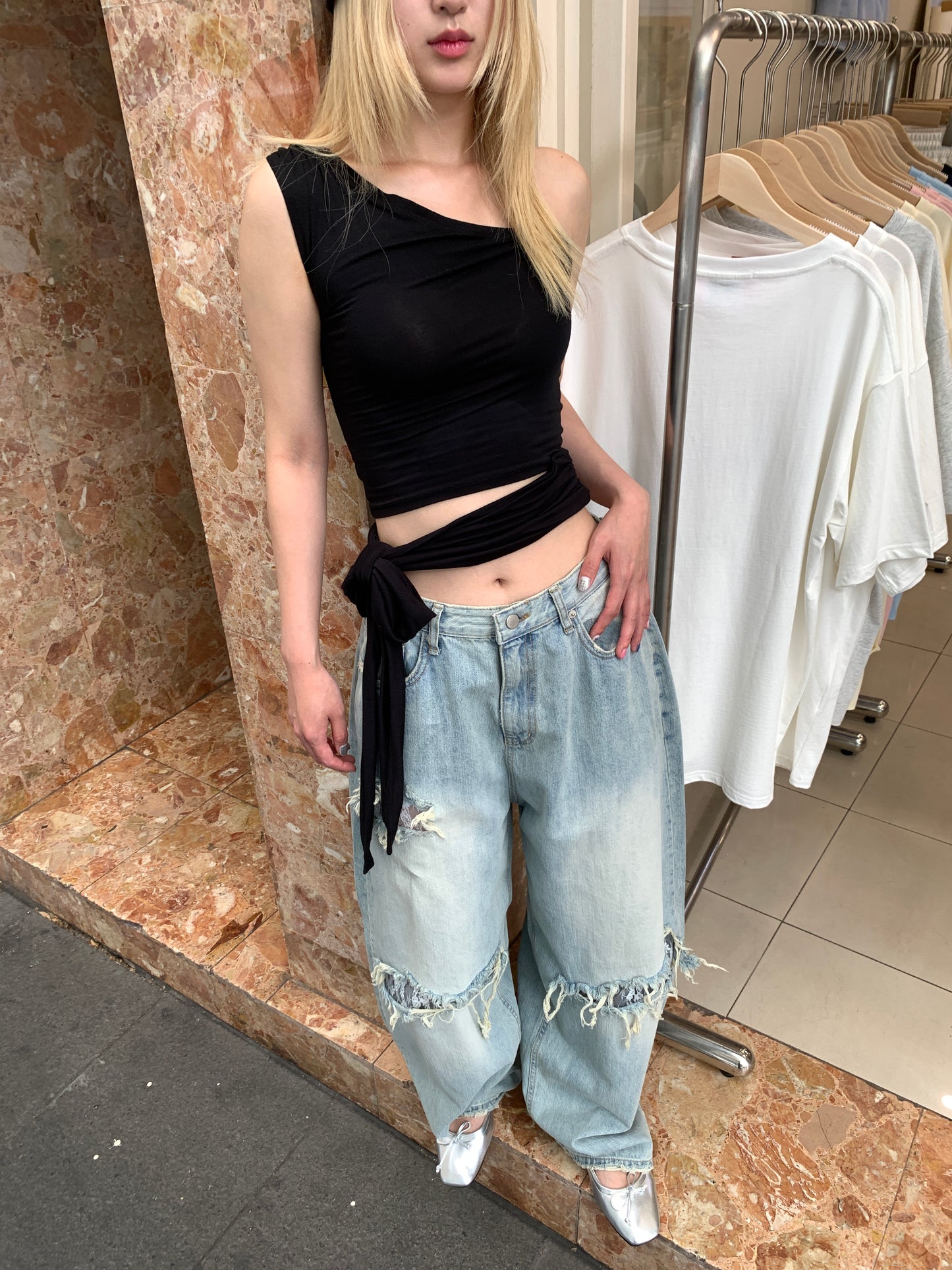 Lace ripped jeans