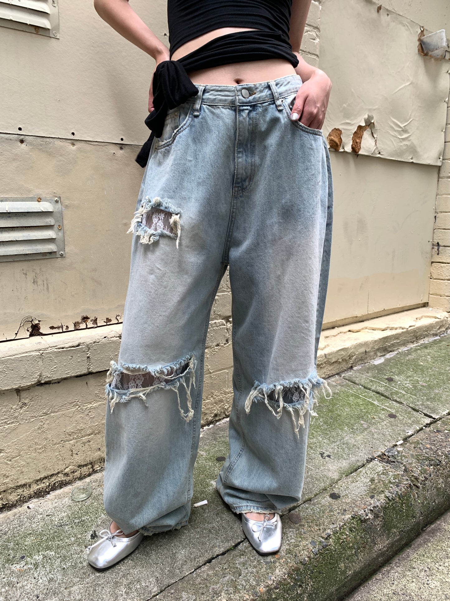 Lace ripped jeans
