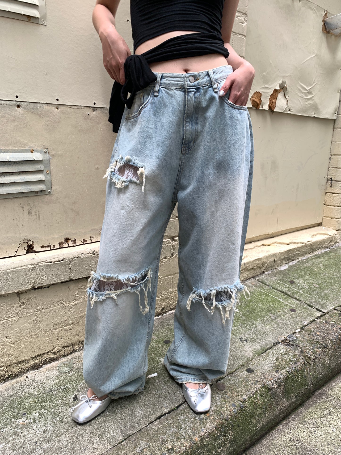 Lace ripped jeans